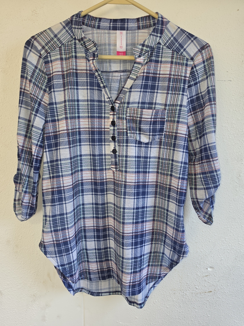 No Boundaries Navy, White & Light Pink Plaid Henley Button-Front Top